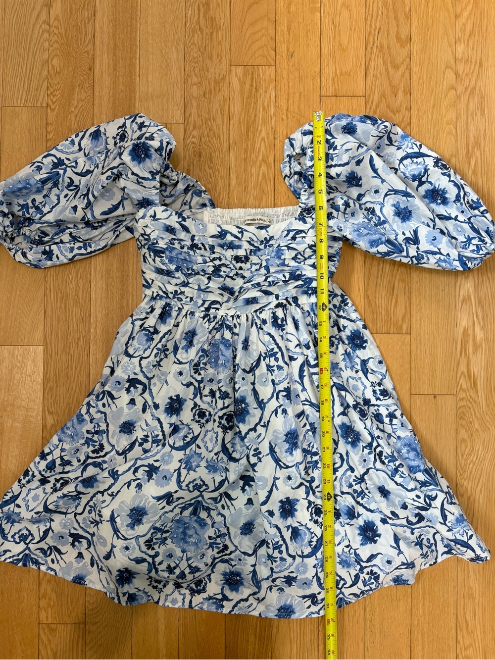 Abercrombie & Fitch Blue Floral Ruched Puff Sleeve Emerson Mini Dress Cotton S - Picture 6 of 9